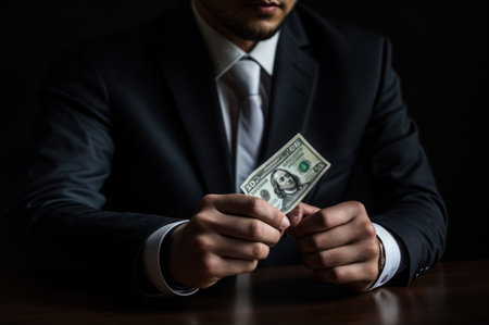 Businessman counting money on black background, close-up of handsの素材