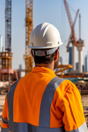 Rear view of male engineer wearing safety helmet on construction siteの素材