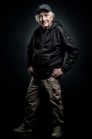 Portrait of an elderly man on a black background. Studio shot.の素材