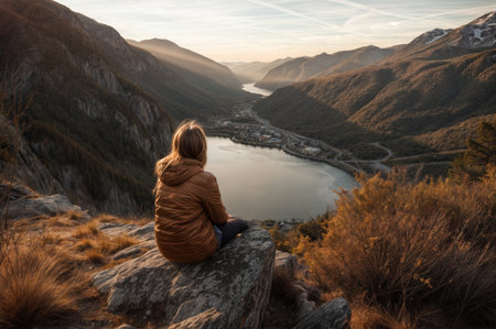 Young woman sitting on the top of a mountain and looking at the valleyの素材