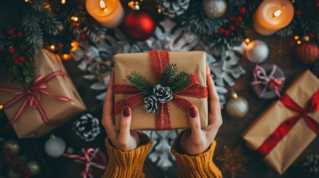 Female hands holding a Christmas gift on the background of a Christmas treeの素材