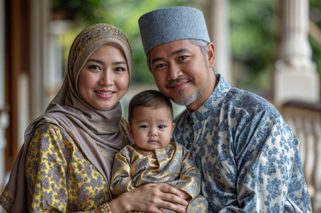 Portrait of happy muslim family with baby at home.の素材
