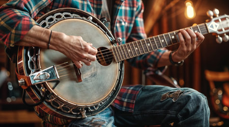 Man playing the banjo. Authentic image of male musician playing the banjo.の素材