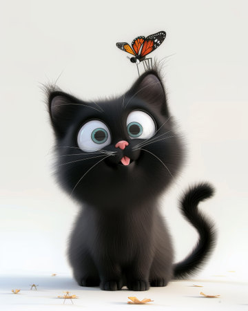 Funny black kitten with a butterfly on his head, illustrationの写真素材