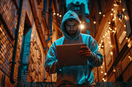 man in hoodie using digital tablet in the city.の素材