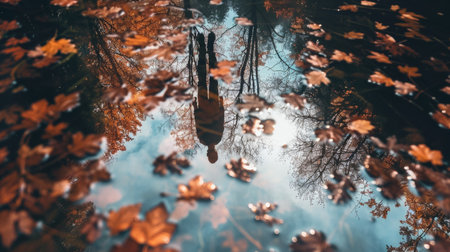 Autumn landscape with trees in the park, reflection in the waterの素材