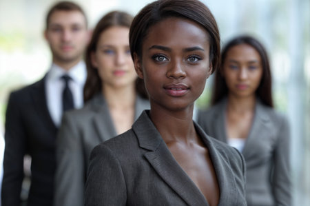 Portrait of confident african american businesswoman with her team in backgroundの素材