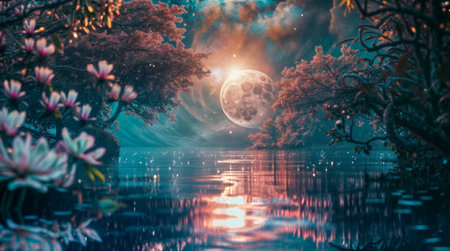 Beautiful fantasy landscape with full moon over the lake and trees.の素材