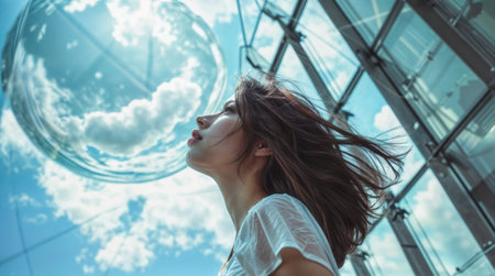 Beautiful young woman with long hair blowing in the wind in the city.の素材