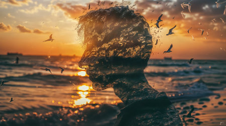 Double exposure portrait of a young woman in front of the sea and the sunset.の素材