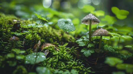 Mushrooms growing in the forest on a rainy day. Shallow depth of fieldの素材