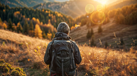 Hiker with backpack on the top of the mountain in the rays of the setting sunの素材