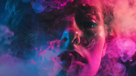 Portrait of a beautiful woman with bright make-up and smoke in her hairの素材