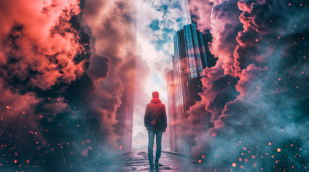 Man standing in front of a huge cloud of smoke.の素材