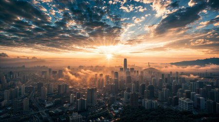 Beautiful aerial view of the city at sunriseの素材