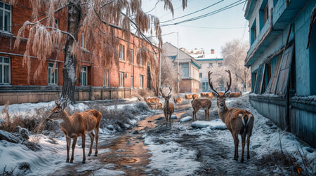 deers in the winter in the villageの素材