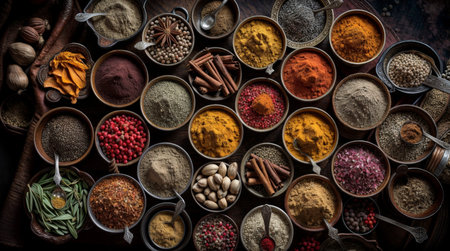 Spices and herbs in metal bowls. Food and cuisine ingredients.の素材