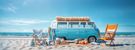 Vintage camper van on the sandy beach. Panoramic bannerの素材