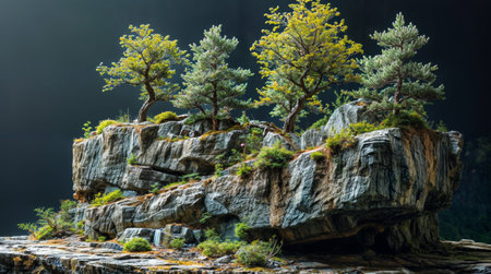 Pine tree on a rock with fog in the background,の素材