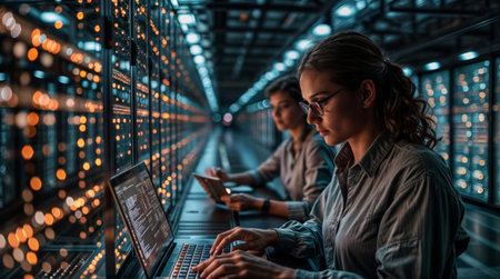 Programmers working on computers in server room data center. Modern technology and internet concept.の素材