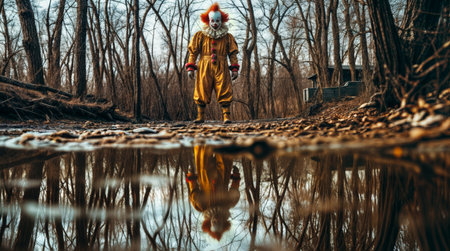 A creepy clown stands in the woods near a pond.の素材