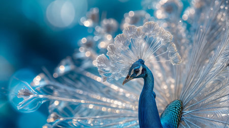 Beautiful peacock on blue background with bokeh effect.の素材