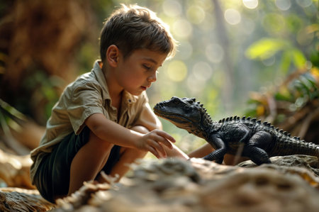 Little boy playing with a crocodile in the jungle. Kid and animal concept.の素材