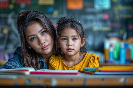 Portrait of mother and daughter sitting at desk in classroom at schoolの素材