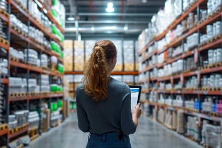 Rear view of woman using digital tablet in warehouse.の素材