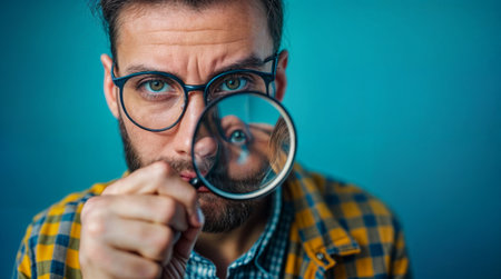 Close-up portrait of a man looking through a magnifying glassの素材