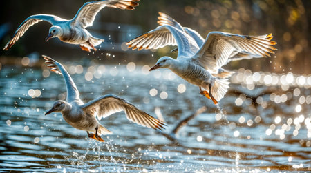 Flying seagulls on the lake at sunset. Birds in flightの素材