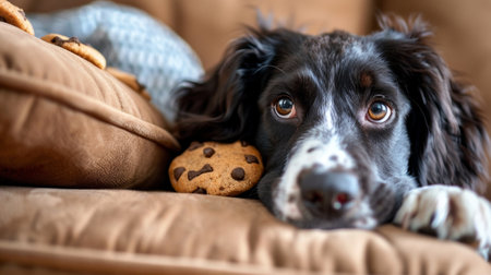 Cute dog with chocolate chip cookies lying on sofa at home.の素材