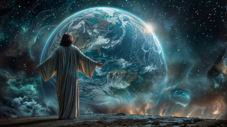Jesus stands on a hill overlooking a blue and green planet.の素材