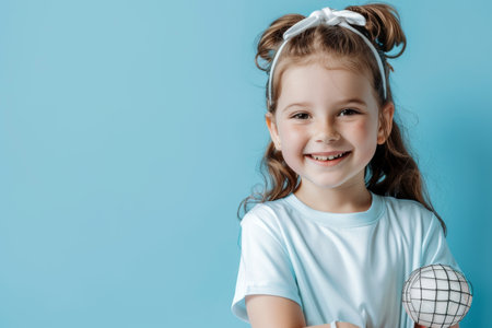 cute smiling little girl in white t-shirt and bow on head looking at camera isolated on blueの素材