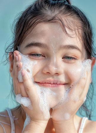 Close up portrait of a cute little girl washing her face with soapの素材