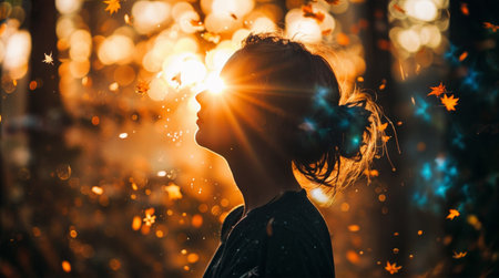 Portrait of a little girl in the autumn park at sunset.の素材