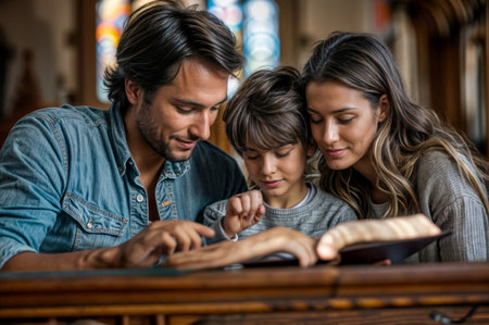 Young couple and their son reading a book together in a pub.の素材