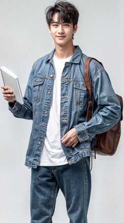 Handsome asian man with backpack and tablet on white backgroundの素材