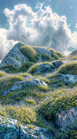 Mountain landscape with grass and blue sky with clouds. Nature backgroundの素材