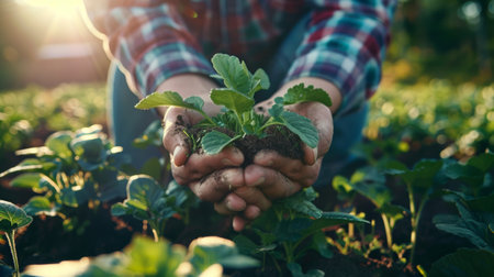 Close-up of farmer's hands holding young seedling in soilの素材