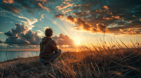 Young man sitting on the top of a hill and looking at the sunsetの素材