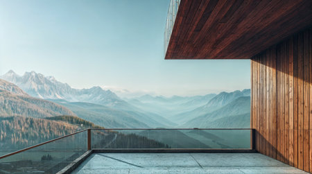 Wooden terrace overlooking the mountains. Panoramic view.の素材