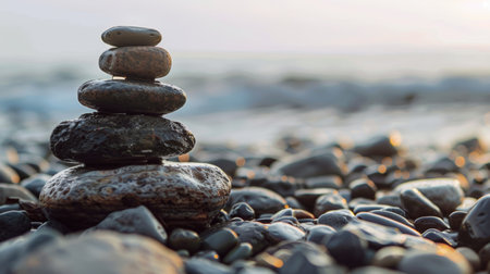 Stack of zen stones on a pebble beach at sunsetの素材