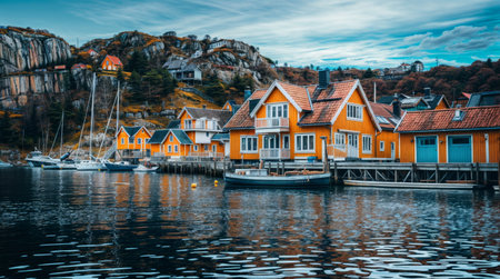 Beautiful colorful wooden houses in Lofoten islands, Norwayの素材