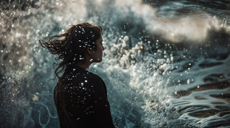 Beautiful girl on the background of the sea and splashes of water