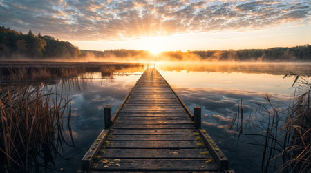 Wooden pier on a lake at sunrise in autumn, Poland.の写真素材