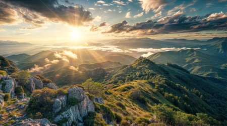 Sunset over the mountains in the Crimea. Beautiful summer landscape.の写真素材