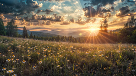 Meadow with daisies at sunset in the Carpathian mountainsの写真素材