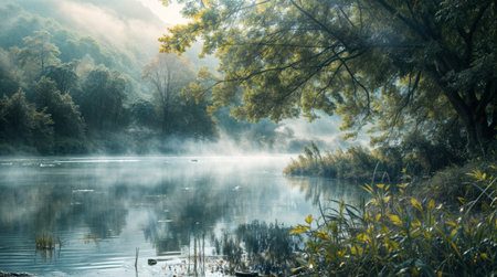 Landscape of foggy lake in the morning with trees and fogの写真素材
