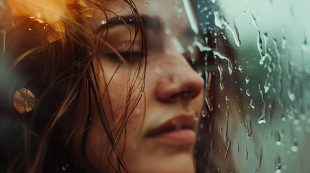 Beautiful young woman with wet hair looking through the rain drops.